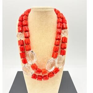 Artisan Coral & Clear Quartz Double‑Strand Necklace with Sterling Slide Clasp